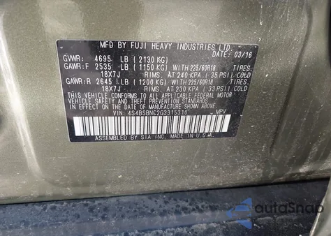 2016 Subaru Outback 2.5I Limited z USA, uszkodzony, nr VIN 4S4BSBNC2G3315310